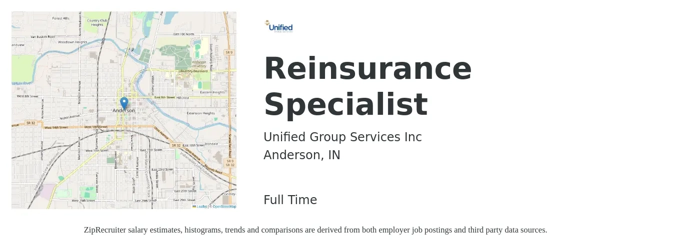 Unified Group Services Inc job posting for a Reinsurance Specialist in Anderson, IN with a salary of $45,900 to $63,300 Yearly with a map of Anderson location.