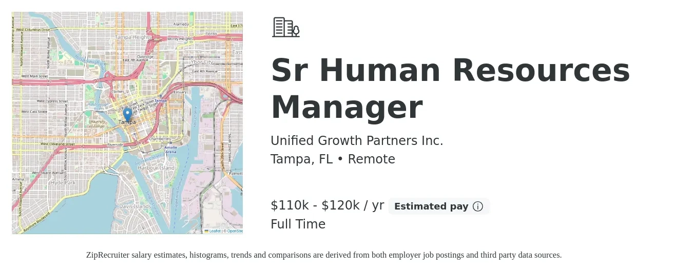 Unified Growth Partners Inc. job posting for a Sr Human Resources Manager in Tampa, FL with a salary of $110,000 to $120,000 Yearly with a map of Tampa location.