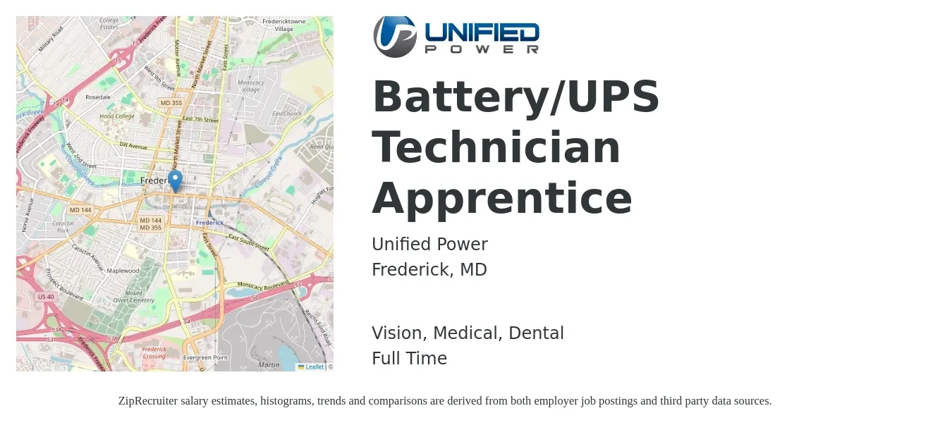 Unified Power job posting for a Battery/UPS Technician Apprentice in Frederick, MD with a salary of $17 to $22 Hourly and benefits including dental, life_insurance, medical, retirement, and vision with a map of Frederick location.