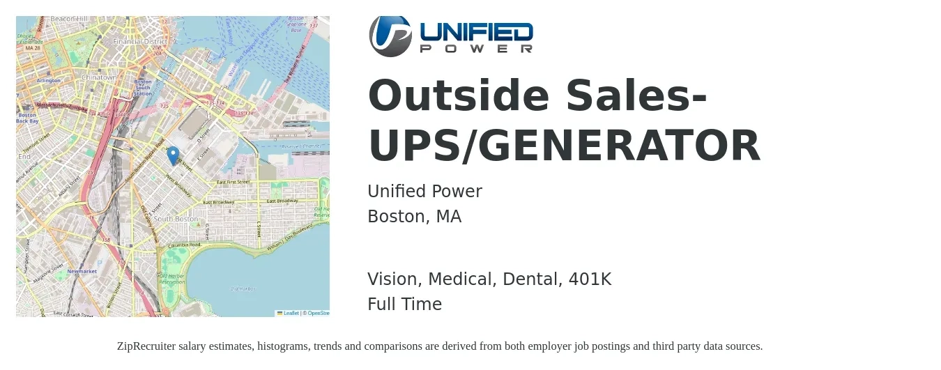 Unified Power job posting for a Outside Sales- UPS/GENERATOR in Boston, MA with a salary of $54,300 to $81,500 Yearly and benefits including life_insurance, medical, vision, 401k, and dental with a map of Boston location.