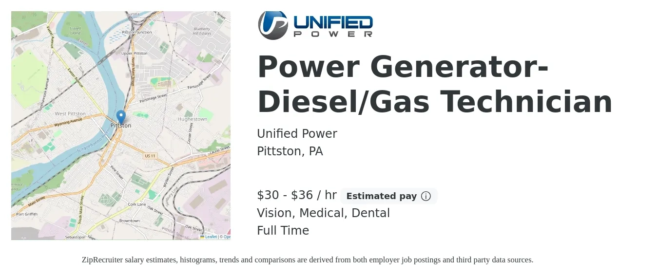 Unified Power job posting for a Power Generator- Diesel/Gas Technician in Pittston, PA with a salary of $32 to $38 Hourly and benefits including life_insurance, medical, retirement, vision, and dental with a map of Pittston location.