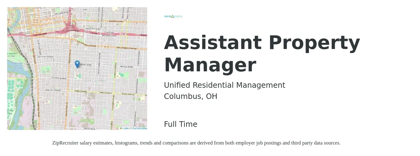 Unified Residential Management job posting for a Assistant Property Manager in Columbus, OH with a salary of $18 to $24 Hourly with a map of Columbus location.