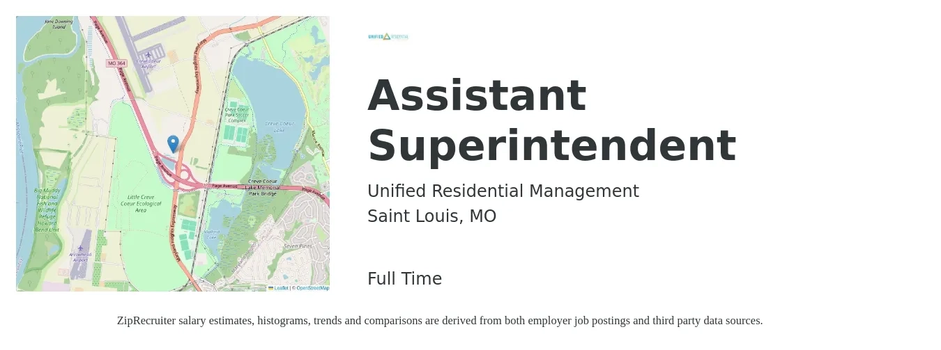 Unified Residential Management job posting for a Assistant Superintendent in Saint Louis, MO with a salary of $58,100 to $82,600 Yearly with a map of Saint Louis location.