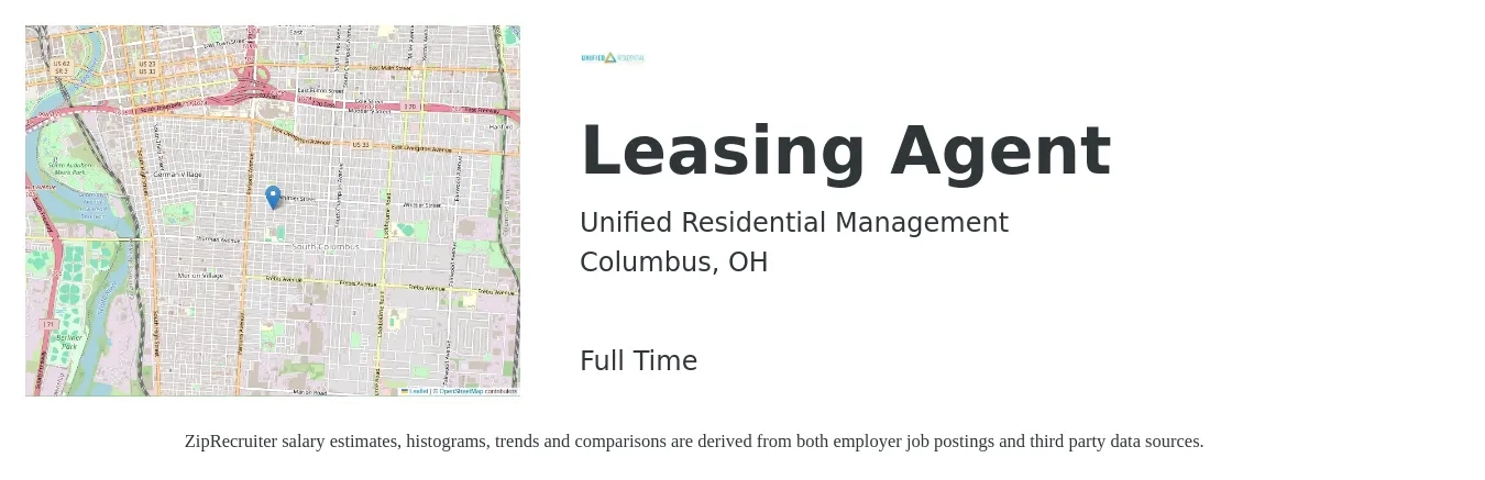 Unified Residential Management job posting for a Leasing Agent in Columbus, OH with a salary of $15 Hourly with a map of Columbus location.