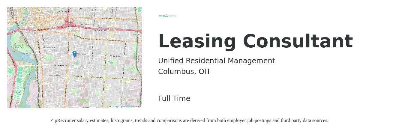 Unified Residential Management job posting for a Leasing Consultant in Columbus, OH with a salary of $16 to $19 Hourly with a map of Columbus location.