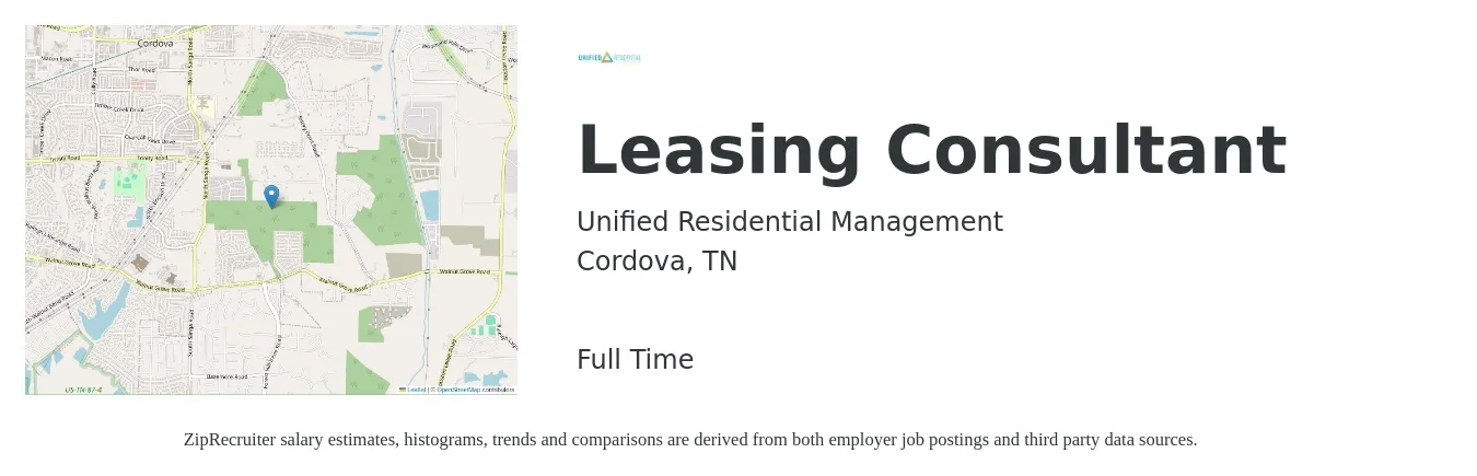 Unified Residential Management job posting for a Leasing Consultant in Cordova, TN with a salary of $15 to $18 Hourly with a map of Cordova location.