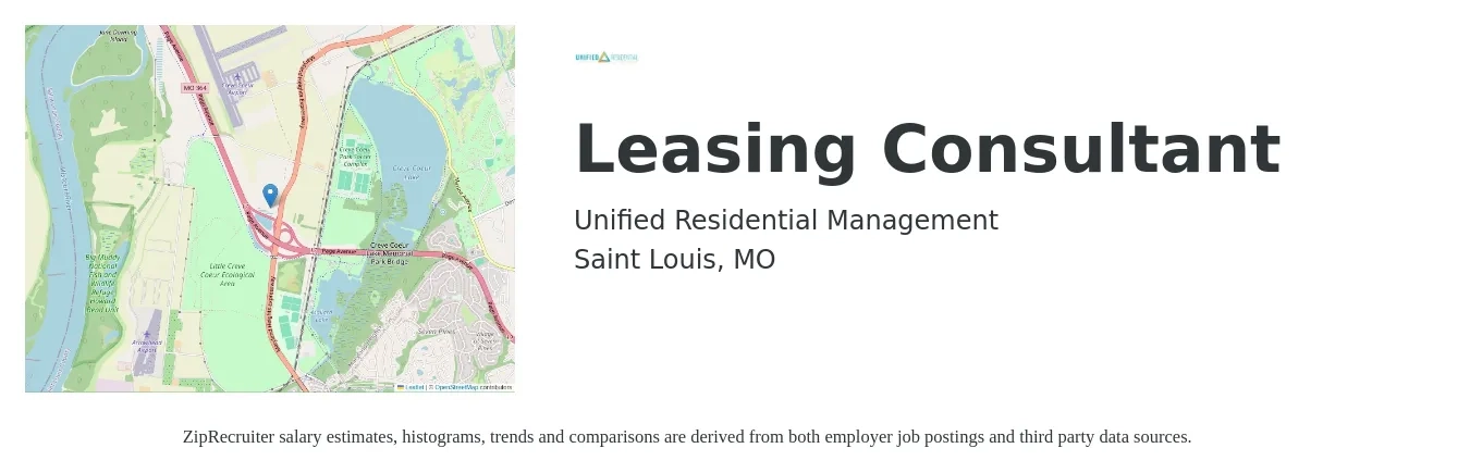 Unified Residential Management job posting for a Leasing Consultant in Saint Louis, MO with a salary of $15 to $18 Hourly with a map of Saint Louis location.