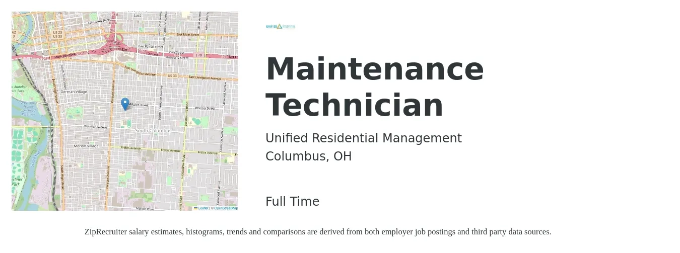 Unified Residential Management job posting for a Maintenance Technician in Columbus, OH with a salary of $18 to $26 Hourly with a map of Columbus location.