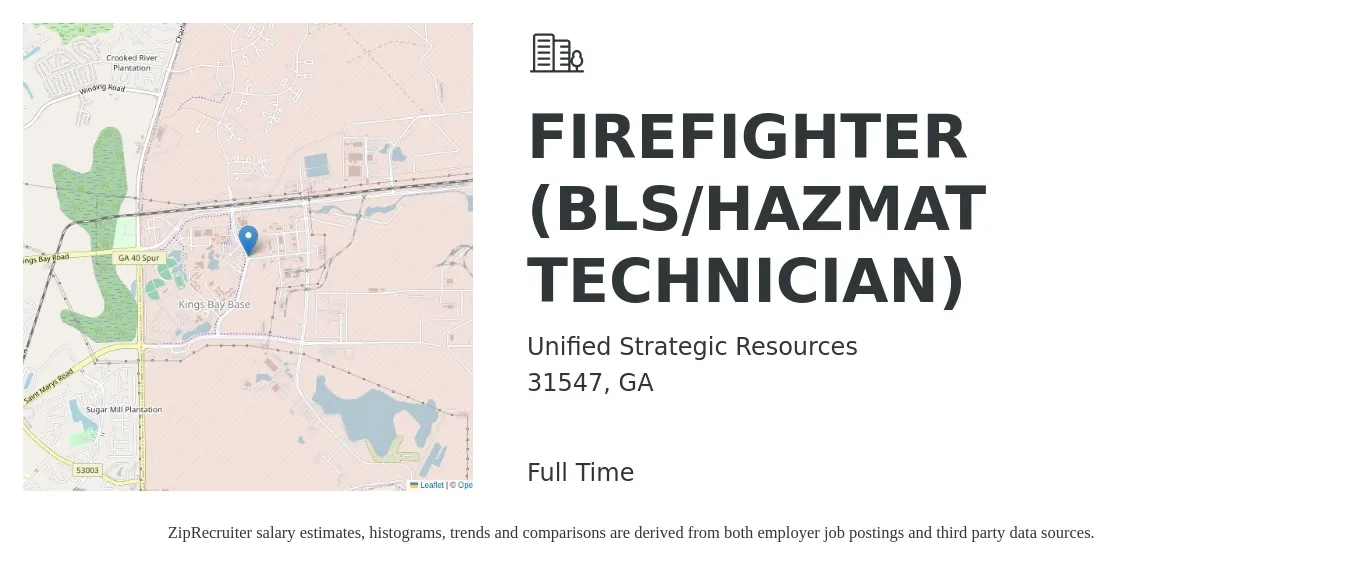Unified Strategic Resources job posting for a FIREFIGHTER (BLS/HAZMAT TECHNICIAN) in 31547, GA with a salary of $43,000 to $48,500 Yearly with a map of 31547 location.