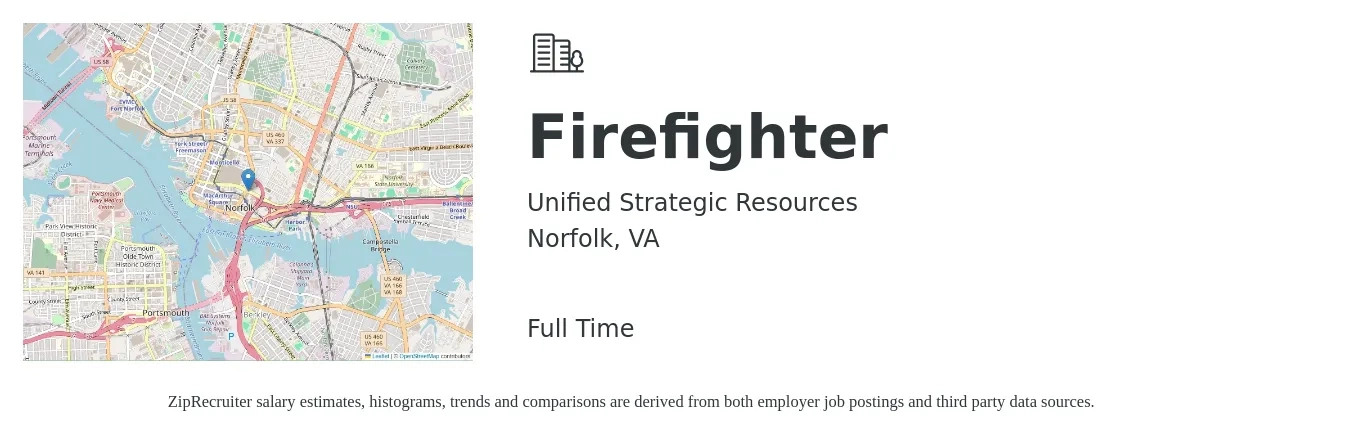 Unified Strategic Resources job posting for a Firefighter in Norfolk, VA with a salary of $46,200 to $70,100 Yearly with a map of Norfolk location.