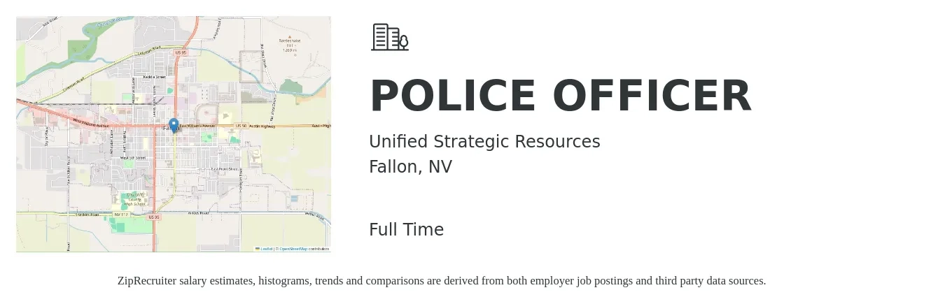 Unified Strategic Resources job posting for a POLICE OFFICER in Fallon, NV with a salary of $46,100 to $70,900 Yearly with a map of Fallon location.