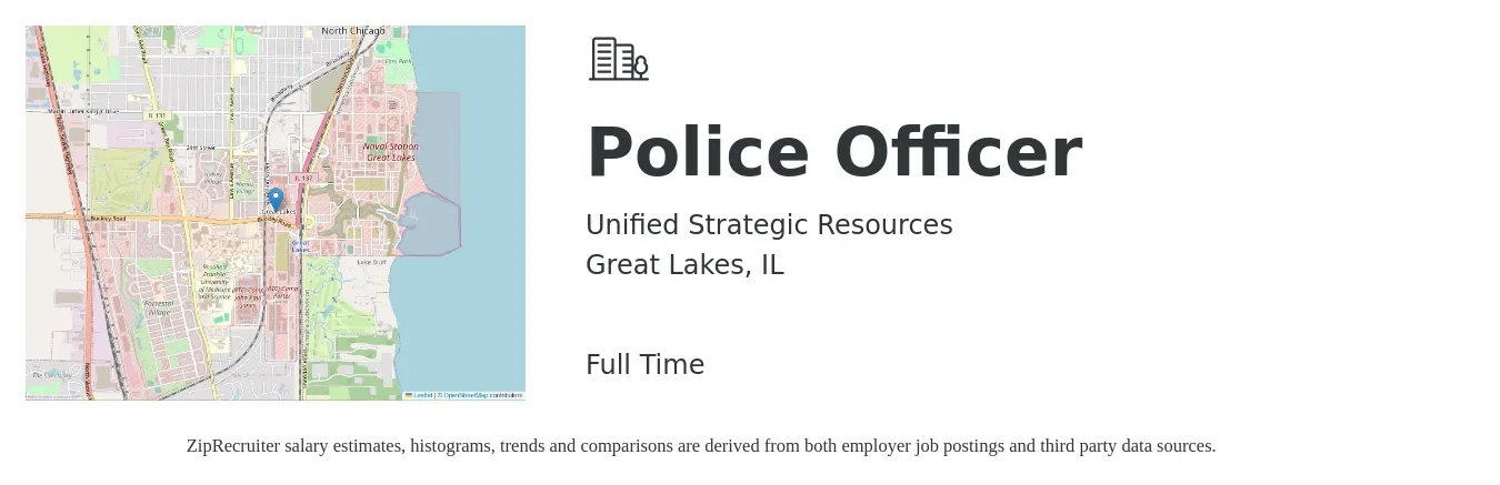 Unified Strategic Resources job posting for a Police Officer in Great Lakes, IL with a salary of $46,900 to $72,000 Yearly with a map of Great Lakes location.
