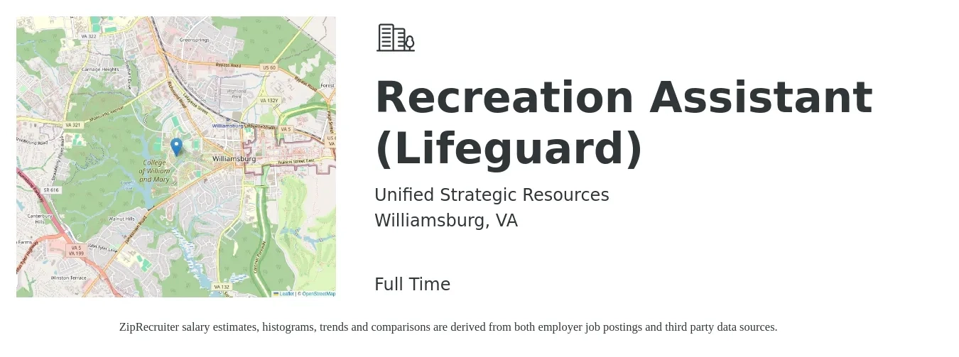 Unified Strategic Resources job posting for a Recreation Assistant (Lifeguard) in Williamsburg, VA with a salary of $14 to $18 Hourly with a map of Williamsburg location.