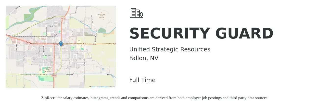 Unified Strategic Resources job posting for a SECURITY GUARD in Fallon, NV with a salary of $15 to $18 Hourly with a map of Fallon location.