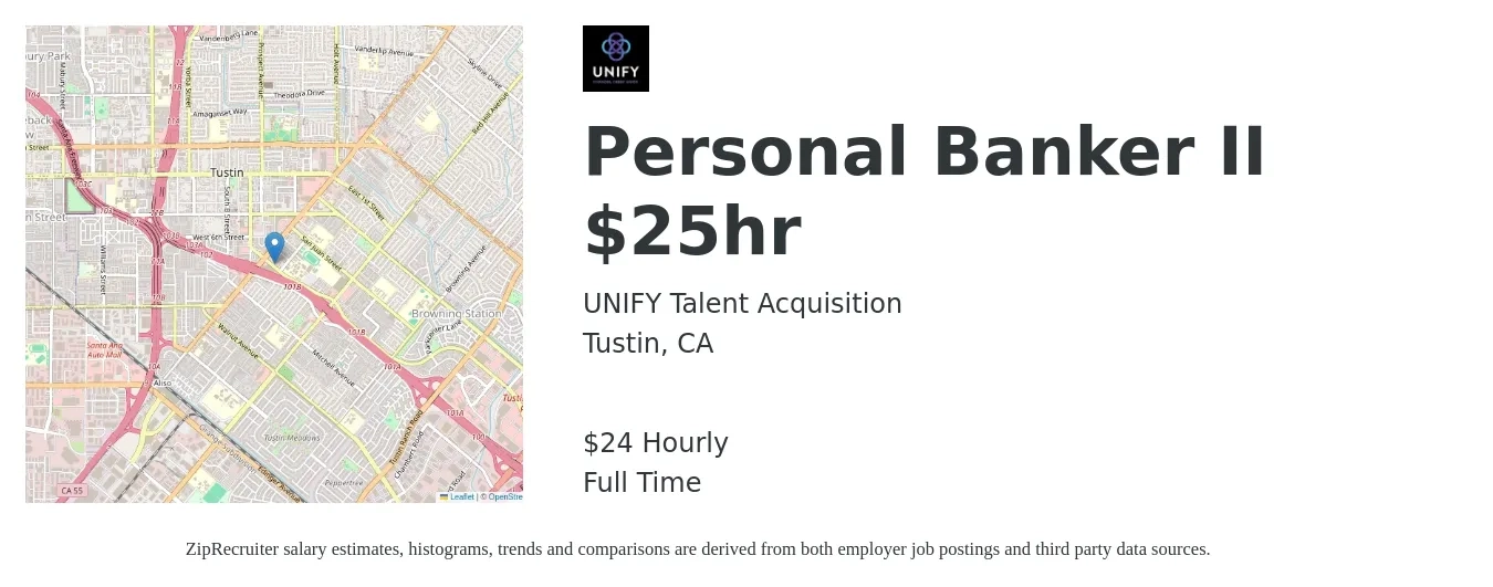 UNIFY Talent Acquisition job posting for a Personal Banker II $25hr in Tustin, CA with a salary of $25 Hourly with a map of Tustin location.