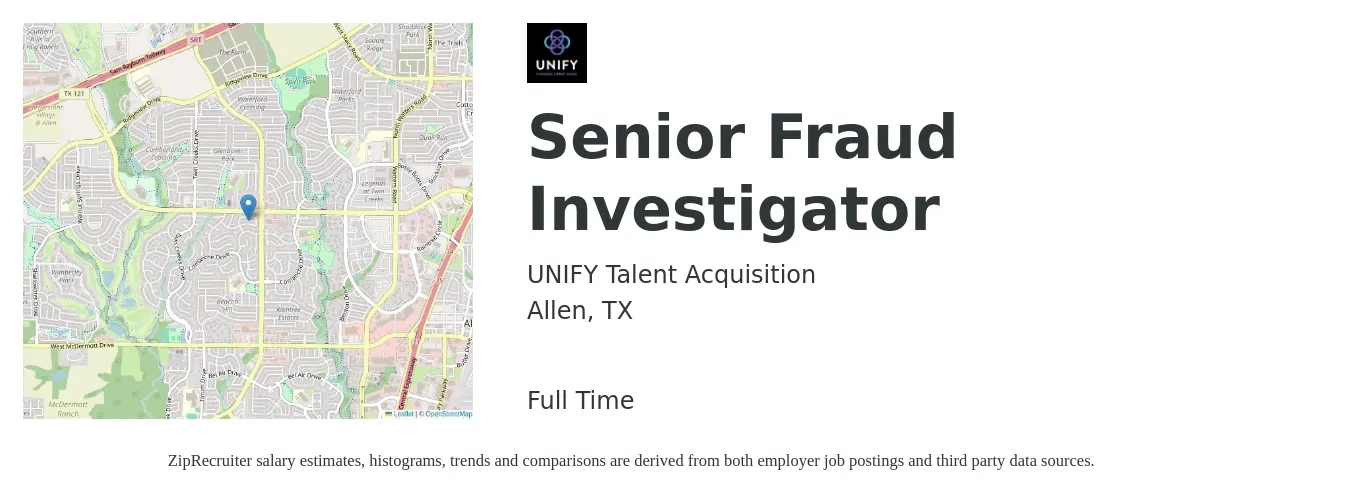 UNIFY Talent Acquisition job posting for a Senior Fraud Investigator in Allen, TX with a salary of $46,500 to $91,600 Yearly with a map of Allen location.