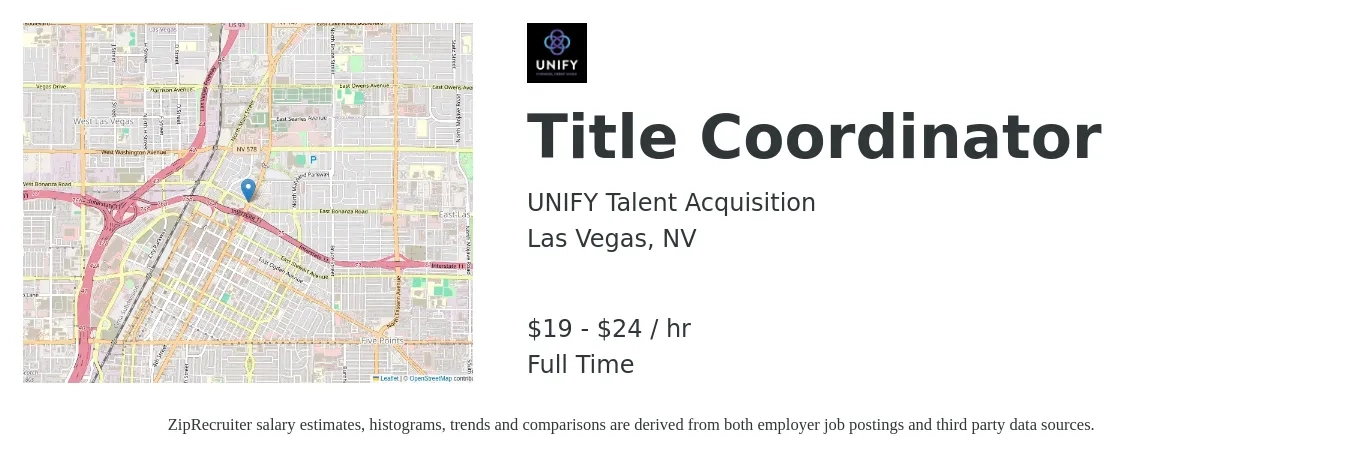 UNIFY Talent Acquisition job posting for a Title Coordinator in Las Vegas, NV with a salary of $20 to $25 Hourly with a map of Las Vegas location.