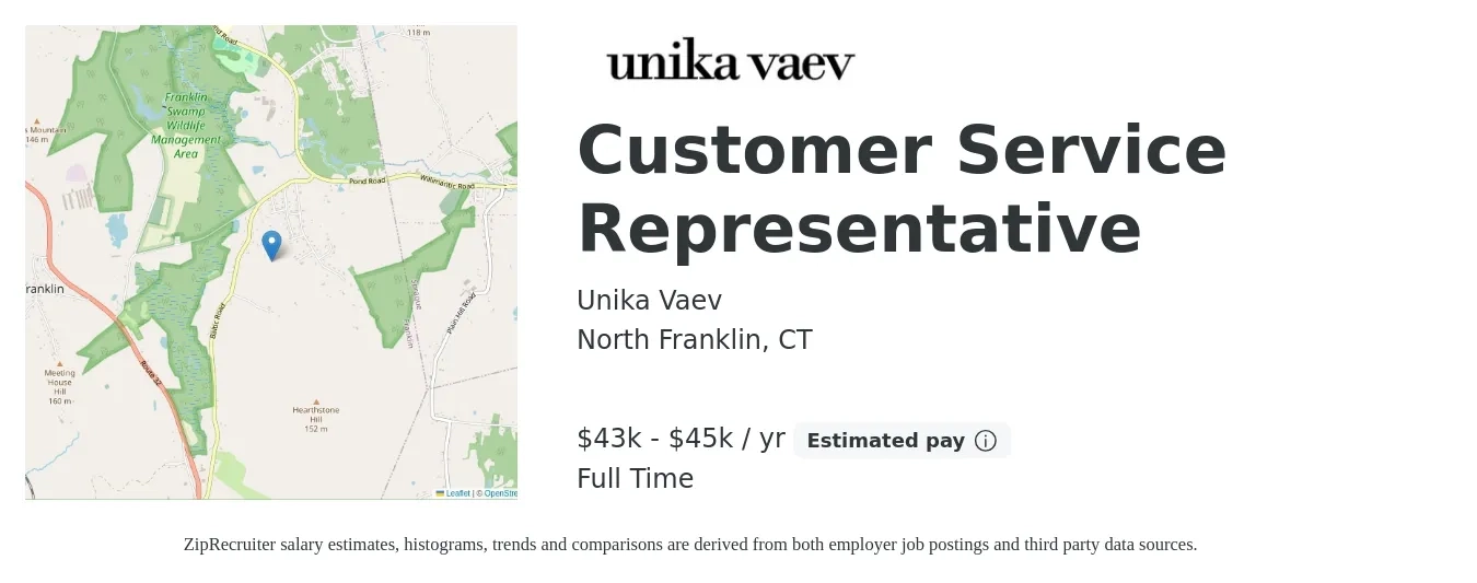 Unika Vaev job posting for a Customer Service Representative in North Franklin, CT with a salary of $43,000 to $45,000 Yearly and benefits including life_insurance, and retirement with a map of North Franklin location.