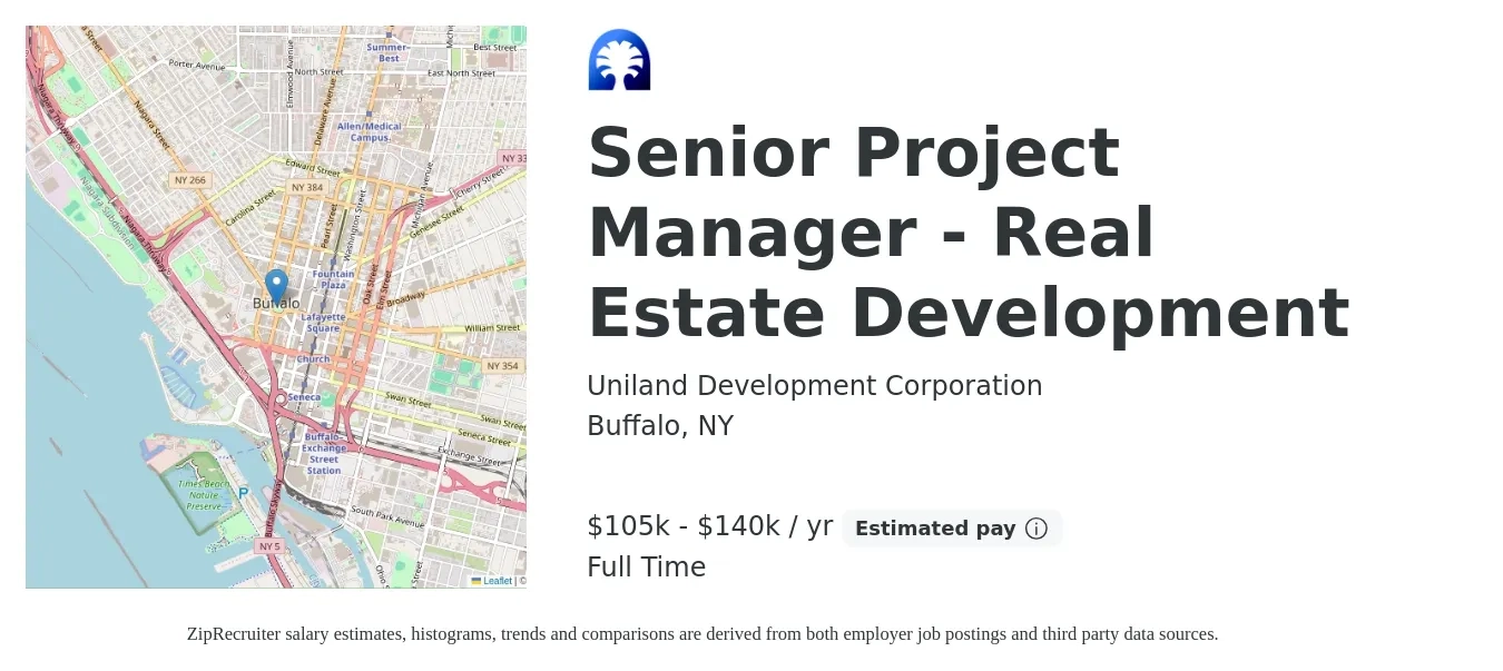 Uniland Development Corporation job posting for a Senior Project Manager - Real Estate Development in Buffalo, NY with a salary of $105,000 to $140,000 Yearly with a map of Buffalo location.