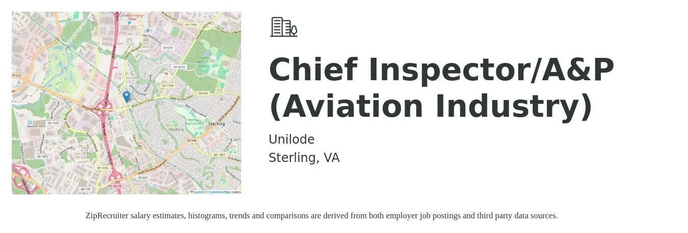 Unilode job posting for a Chief Inspector/A&P (Aviation Industry) in Sterling, VA with a salary of $93,900 to $147,400 Yearly with a map of Sterling location.