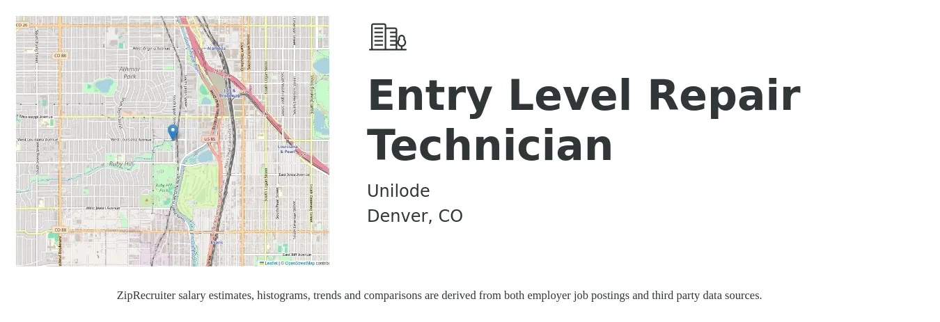 Unilode job posting for a Entry Level Repair Technician in Denver, CO with a salary of $19 Hourly with a map of Denver location.