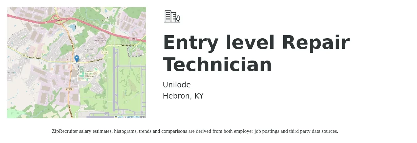 Unilode job posting for a Entry level Repair Technician in Hebron, KY with a salary of $18 Hourly with a map of Hebron location.