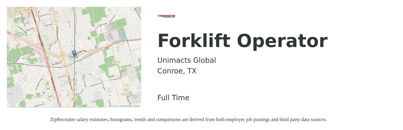 Unimacts Global job posting for a Forklift Operator in Conroe, TX with a salary of $15 to $18 Hourly with a map of Conroe location.