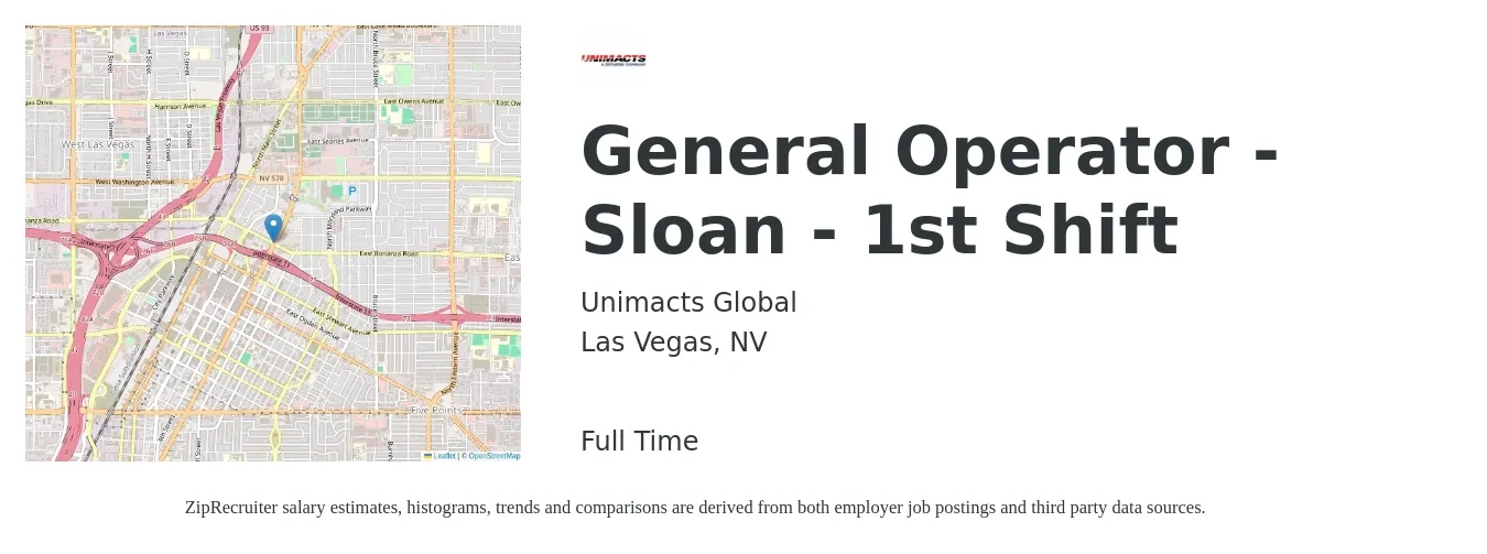 Unimacts Global job posting for a General Operator - Sloan - 1st Shift in Las Vegas, NV with a salary of $17 to $21 Hourly with a map of Las Vegas location.