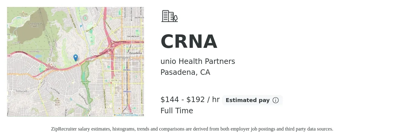 unio Health Partners job posting for a CRNA in Pasadena, CA with a salary of $150 to $200 Hourly with a map of Pasadena location.