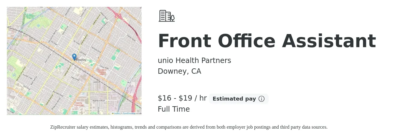 unio Health Partners job posting for a Front Office Assistant in Downey, CA with a salary of $17 to $20 Hourly with a map of Downey location.