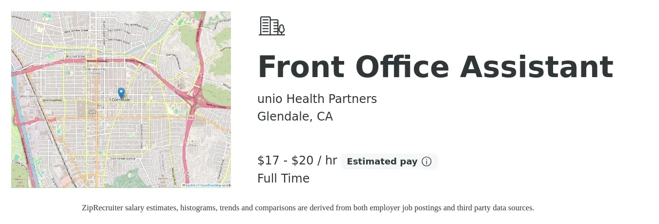 unio Health Partners job posting for a Front Office Assistant in Glendale, CA with a salary of $18 to $21 Hourly with a map of Glendale location.