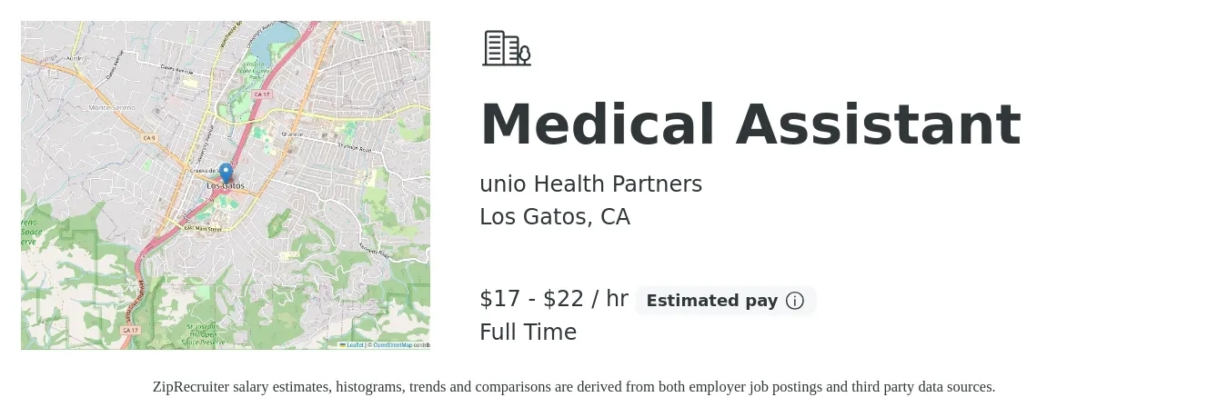 unio Health Partners job posting for a Medical Assistant in Los Gatos, CA with a salary of $18 to $21 Hourly with a map of Los Gatos location.