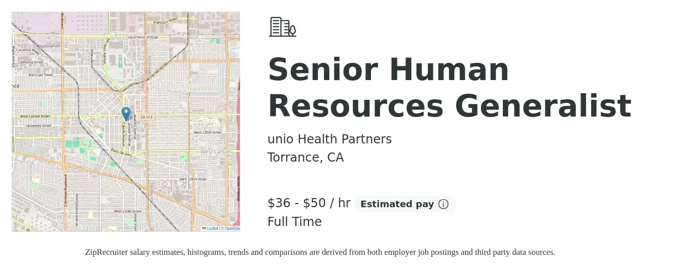 unio Health Partners job posting for a Senior Human Resources Generalist in Torrance, CA with a salary of $80,000 to $110,000 Yearly with a map of Torrance location.