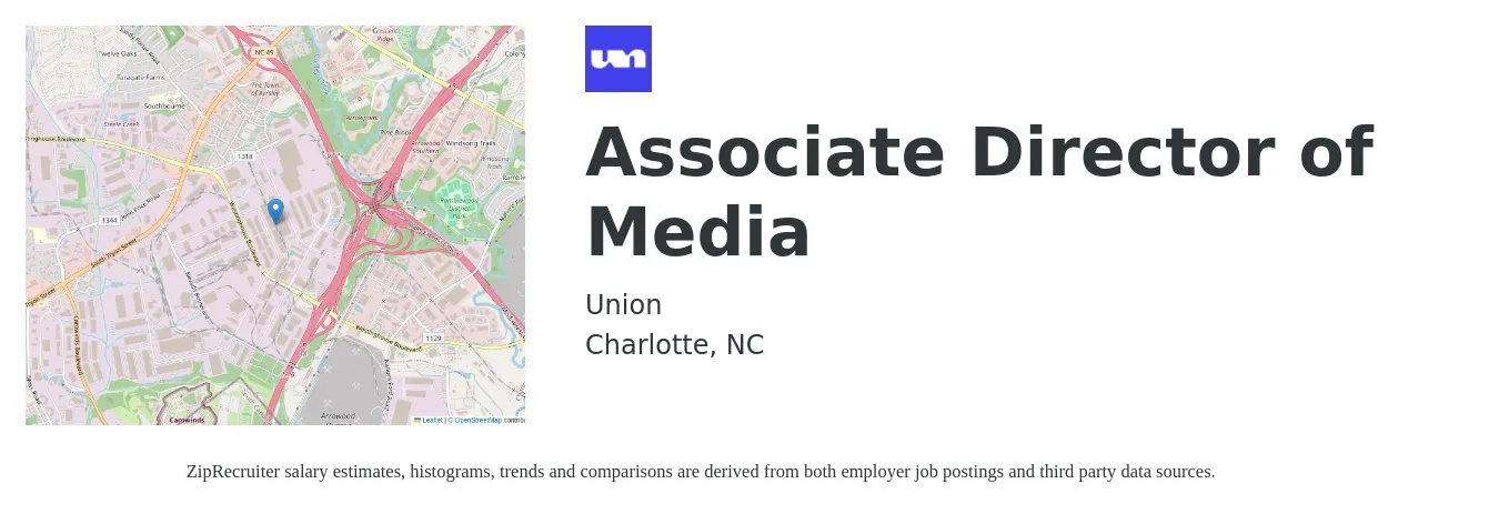 Union job posting for a Associate Director of Media in Charlotte, NC with a salary of $83,000 to $120,100 Yearly with a map of Charlotte location.