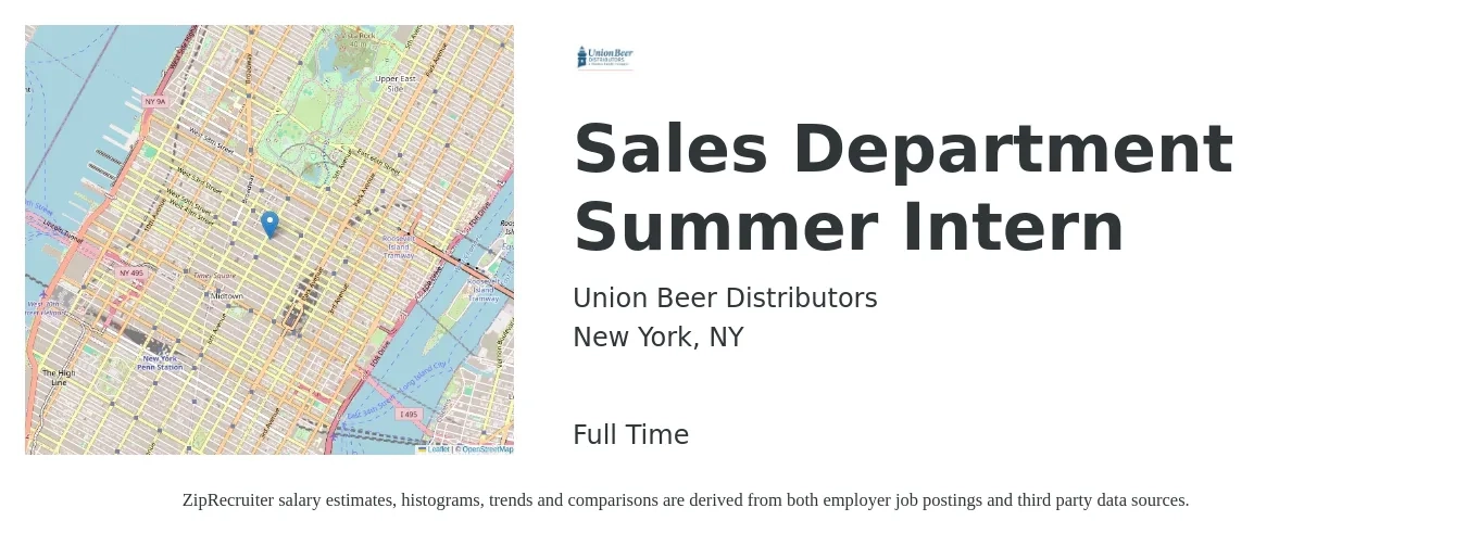 Union Beer Distributors job posting for a Sales Department Summer Intern in New York, NY with a salary of $16 to $22 Hourly with a map of New York location.