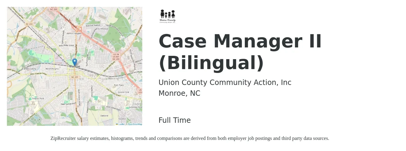Union County Community Action, Inc job posting for a Case Manager II (Bilingual) in Monroe, NC with a salary of $20 to $25 Hourly with a map of Monroe location.