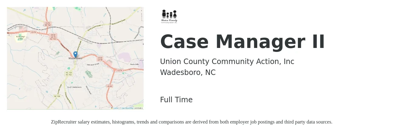 Union County Community Action, Inc job posting for a Case Manager II in Wadesboro, NC with a salary of $39,800 to $53,200 Yearly with a map of Wadesboro location.