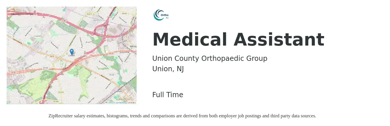 Union County Orthopaedic Group job posting for a Medical Assistant in Union, NJ with a salary of $18 to $23 Hourly with a map of Union location.