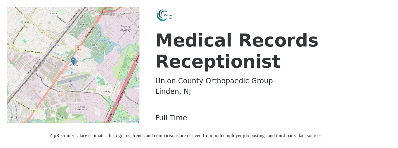 Union County Orthopaedic Group job posting for a Medical Records Receptionist in Linden, NJ with a salary of $37,700 to $69,200 Yearly with a map of Linden location.
