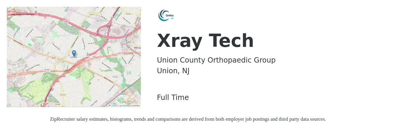 Union County Orthopaedic Group job posting for a Xray Tech in Union, NJ with a salary of $1,840 to $2,650 Weekly with a map of Union location.