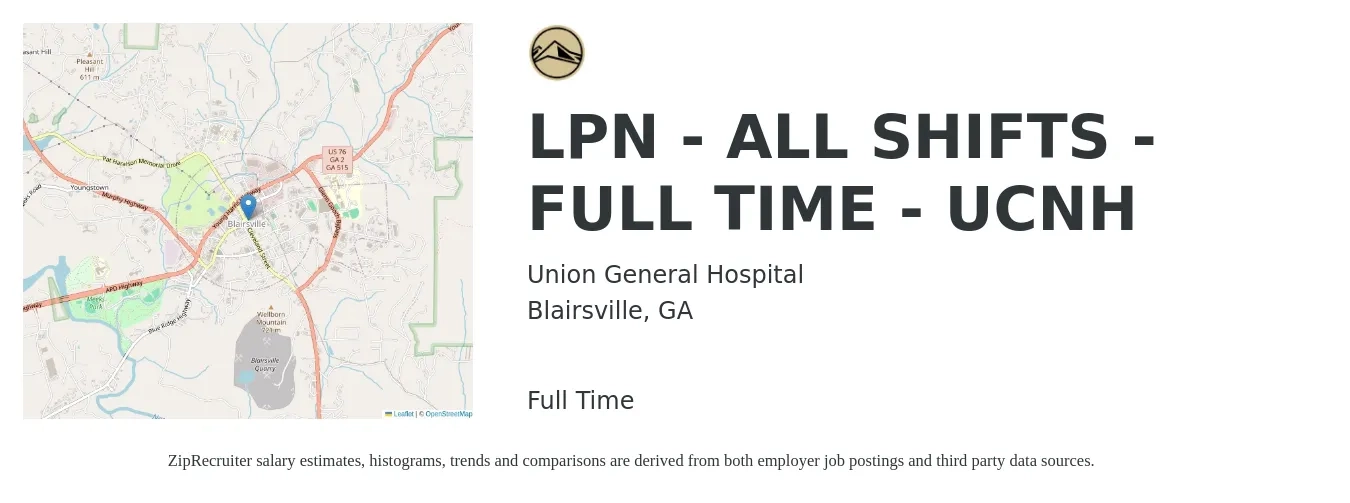 Union General Hospital job posting for a LPN - ALL SHIFTS - FULL TIME - UCNH in Blairsville, GA with a salary of $22 to $31 Hourly with a map of Blairsville location.