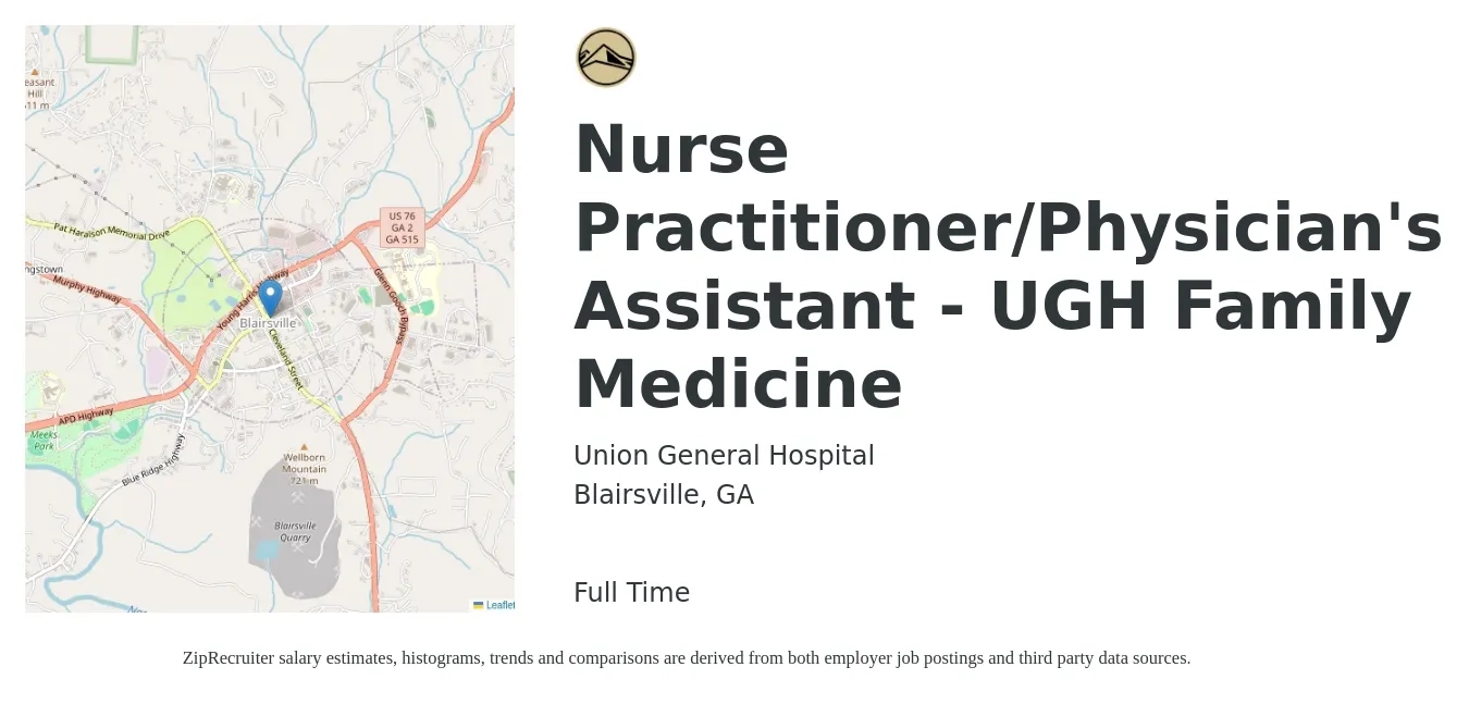 Union General Hospital job posting for a Nurse Practitioner/Physician's Assistant - UGH Family Medicine in Blairsville, GA with a salary of $95,500 to $123,500 Yearly with a map of Blairsville location.