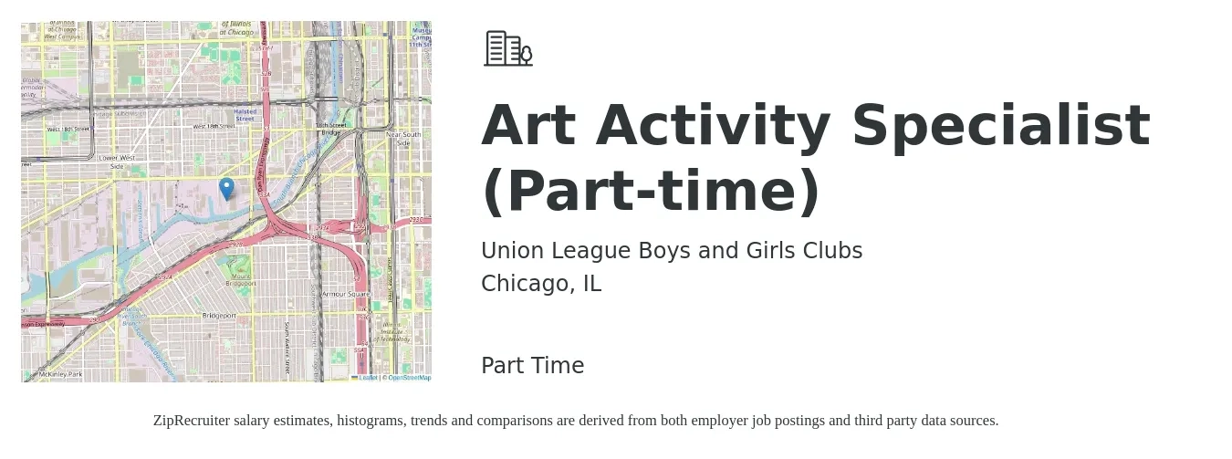Union League Boys and Girls Clubs job posting for a Art Activity Specialist (Part-time) in Chicago, IL with a salary of $18 to $25 Hourly with a map of Chicago location.