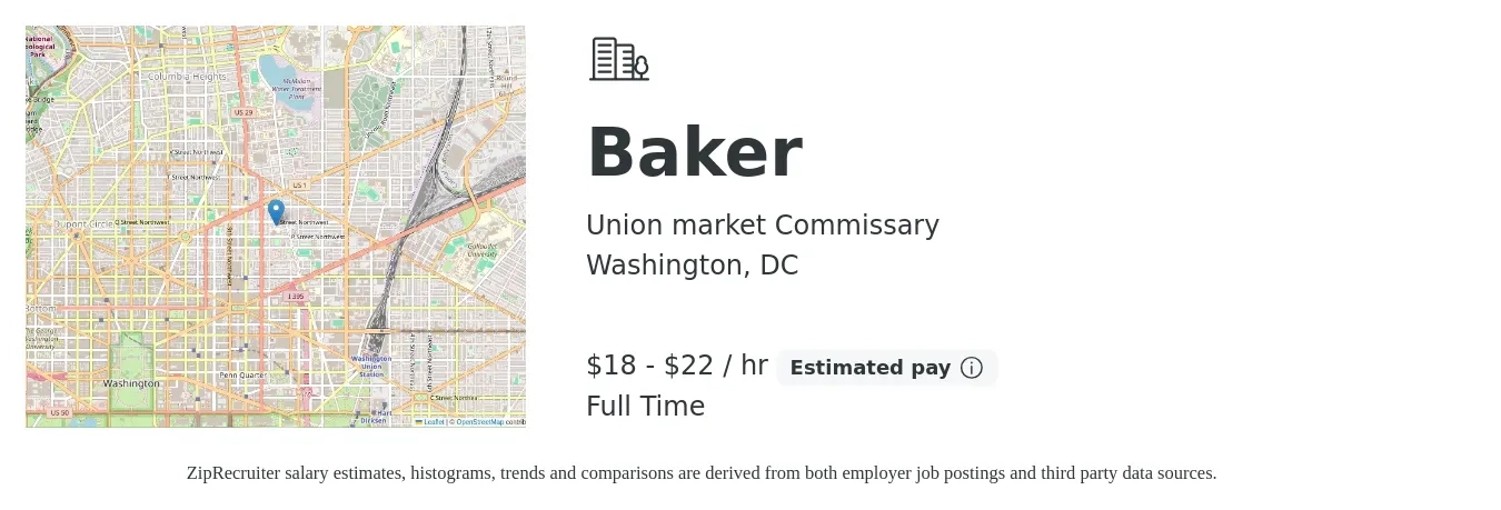 Union market Commissary job posting for a Baker in Washington, DC with a salary of $19 to $23 Hourly with a map of Washington location.