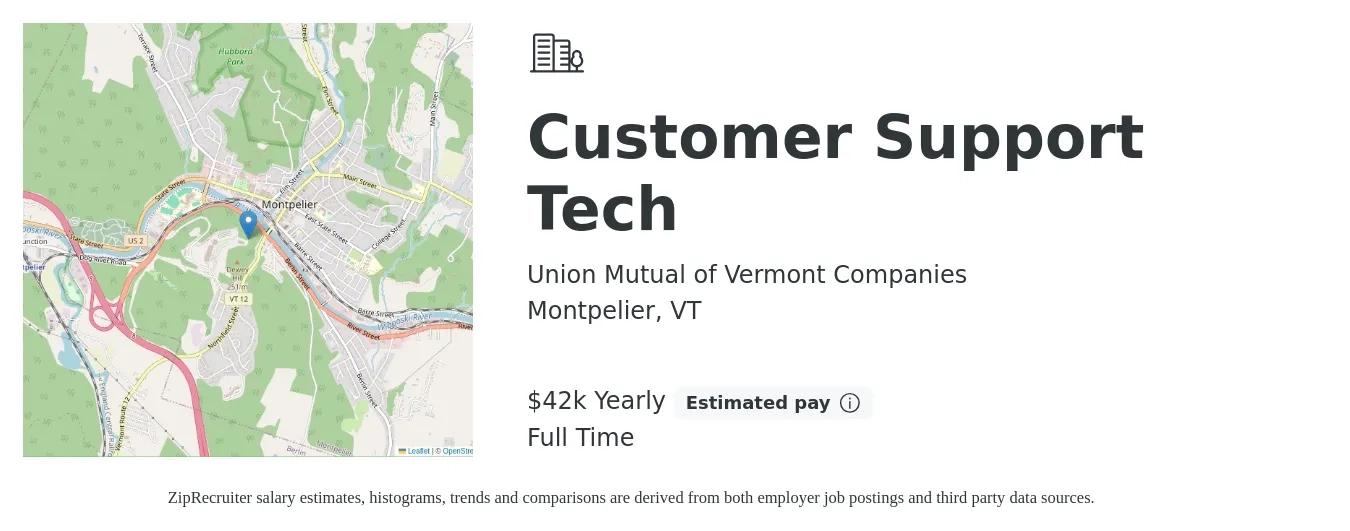Union Mutual of Vermont Companies job posting for a Customer Support Tech in Montpelier, VT with a salary of $42,000 Yearly with a map of Montpelier location.