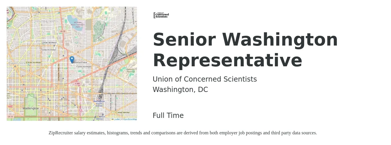 Union of Concerned Scientists job posting for a Senior Washington Representative in Washington, DC with a salary of $22 to $30 Hourly with a map of Washington location.