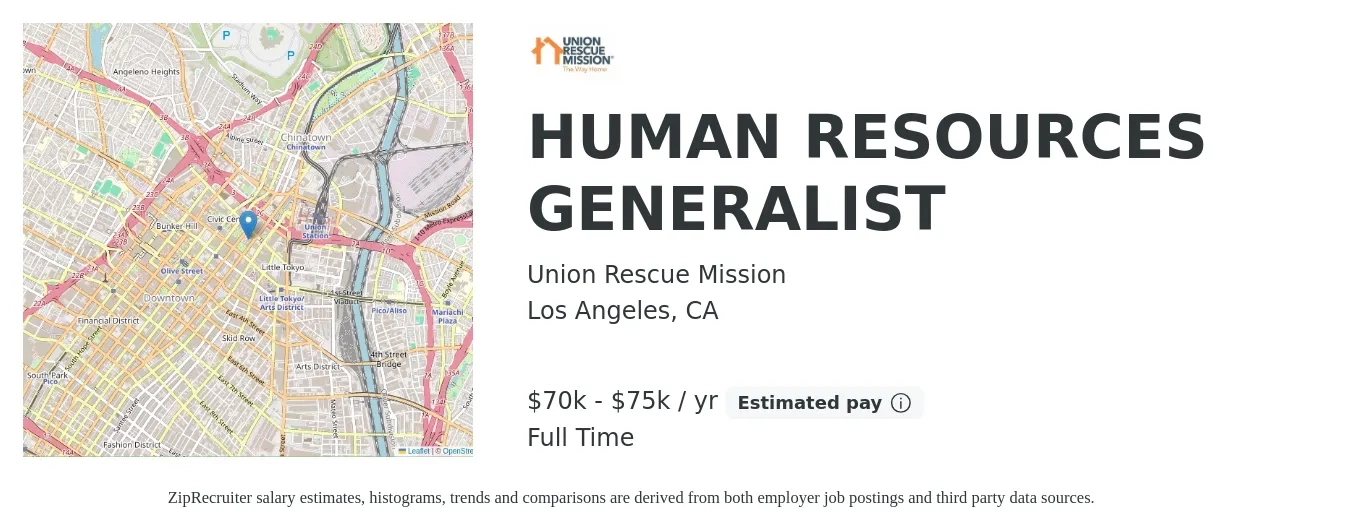 Union Rescue Mission job posting for a HUMAN RESOURCES GENERALIST in Los Angeles, CA with a salary of $30 to $33 Hourly with a map of Los Angeles location.