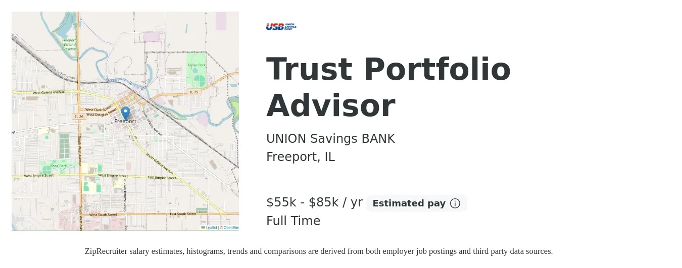 UNION Savings BANK job posting for a Trust Portfolio Advisor in Freeport, IL with a salary of $55,000 to $85,000 Yearly with a map of Freeport location.