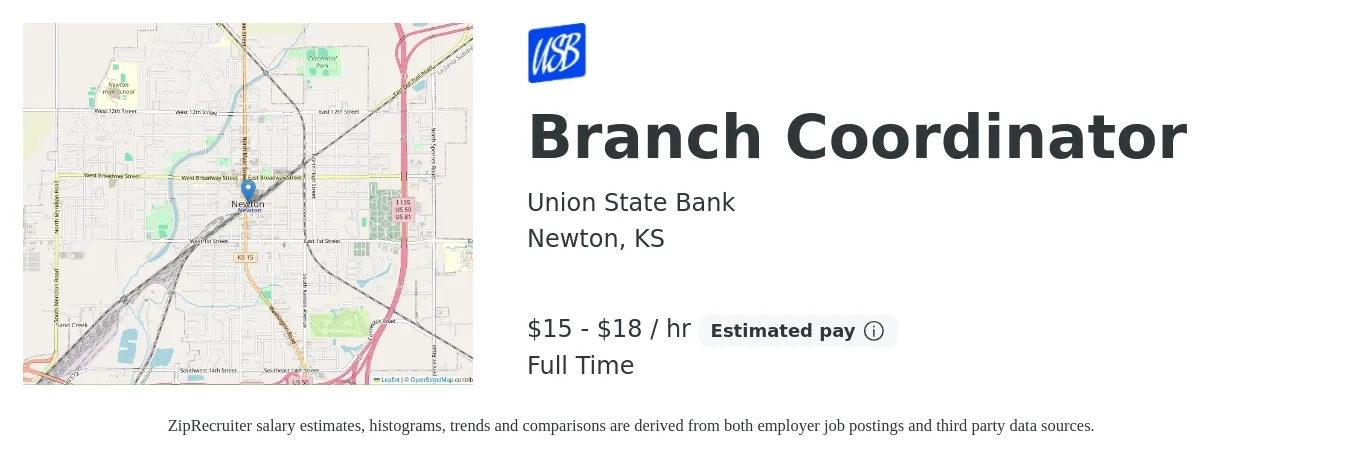 Union State Bank job posting for a Branch Coordinator in Newton, KS with a salary of $16 to $19 Hourly with a map of Newton location.