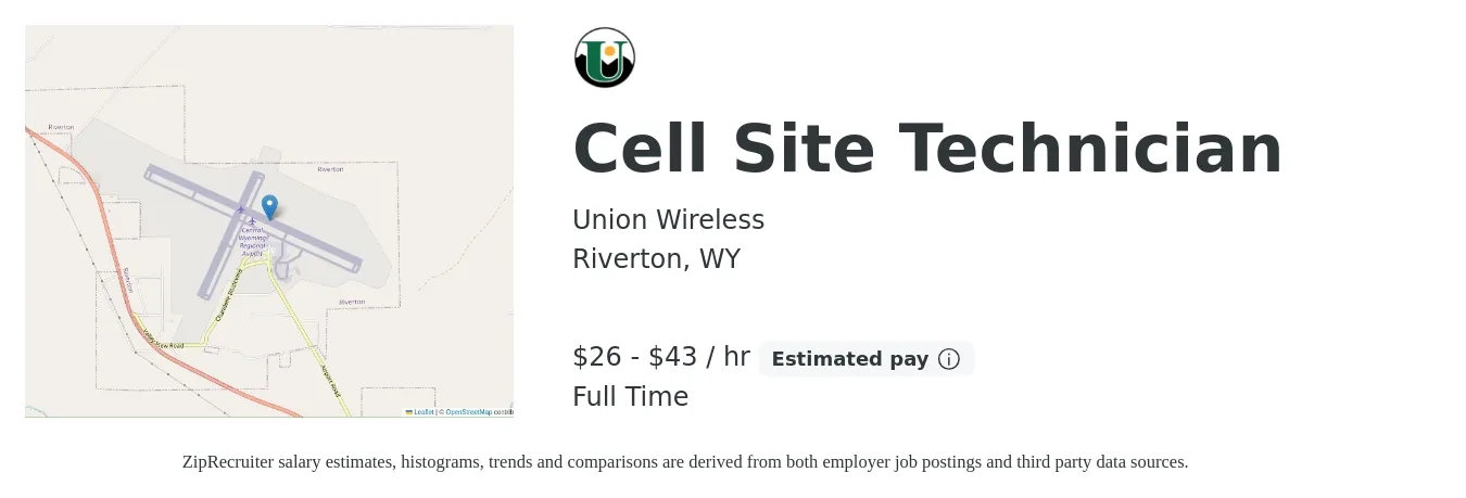 Union Wireless job posting for a Cell Site Technician in Riverton, WY with a salary of $27 to $45 Hourly with a map of Riverton location.